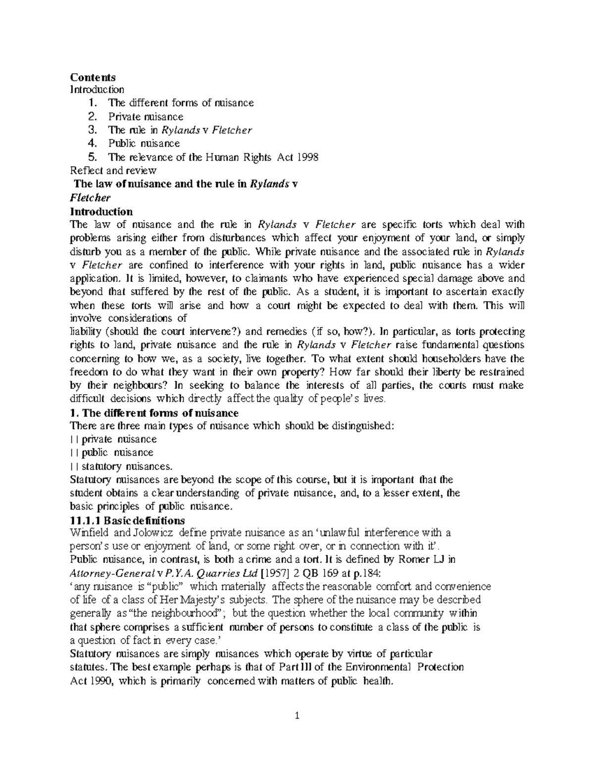 Law of Tort: Nuisance & Rylands v Fletcher Overview (Course Code: 11 ...