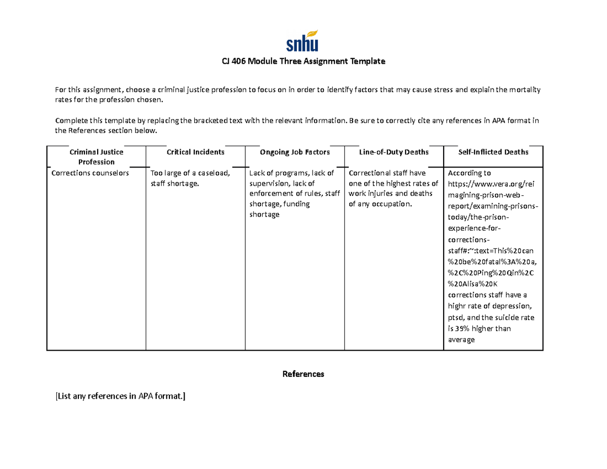 CJ 406 Module 3 Assignment: Stress Factors in Criminal Justice ...