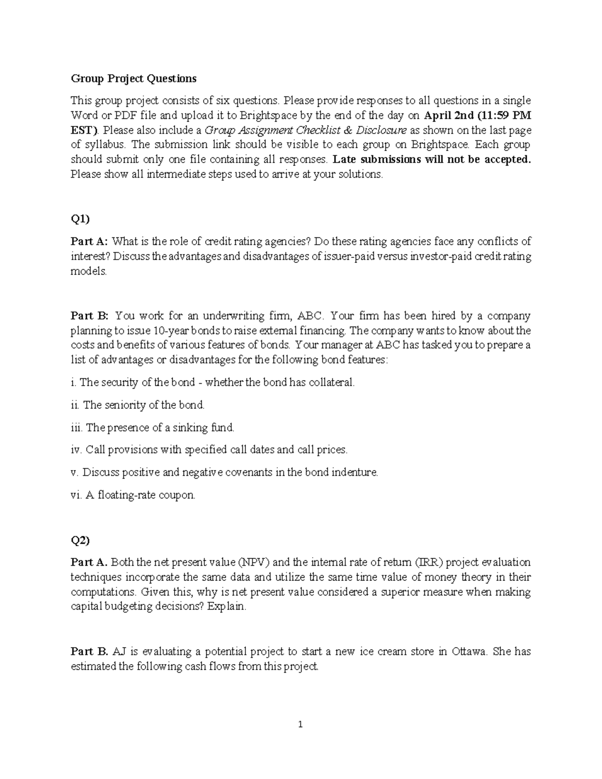 FIN 301 Group Project Questions and Guidelines - Studocu