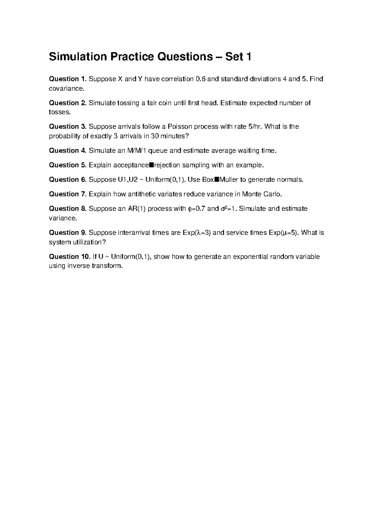 Simulation Practice Questions Set 1: Key Concepts and Problems - Studocu