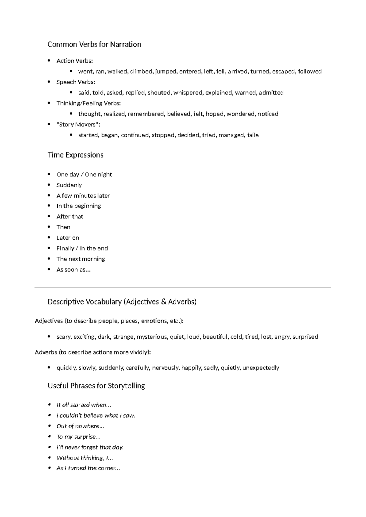 Narrative Text Tips: Common Verbs and Descriptive Vocabulary - Studocu
