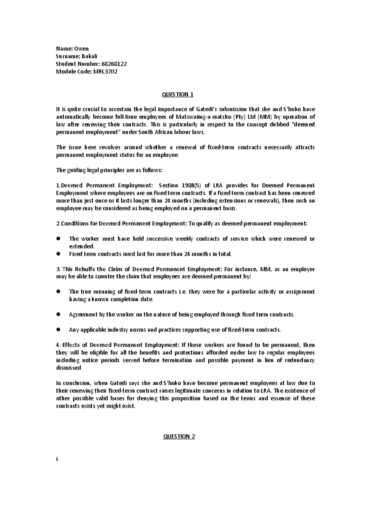 Mrl3702 Exam 13 May 2024 Name Owen Surname Bakali Student Number