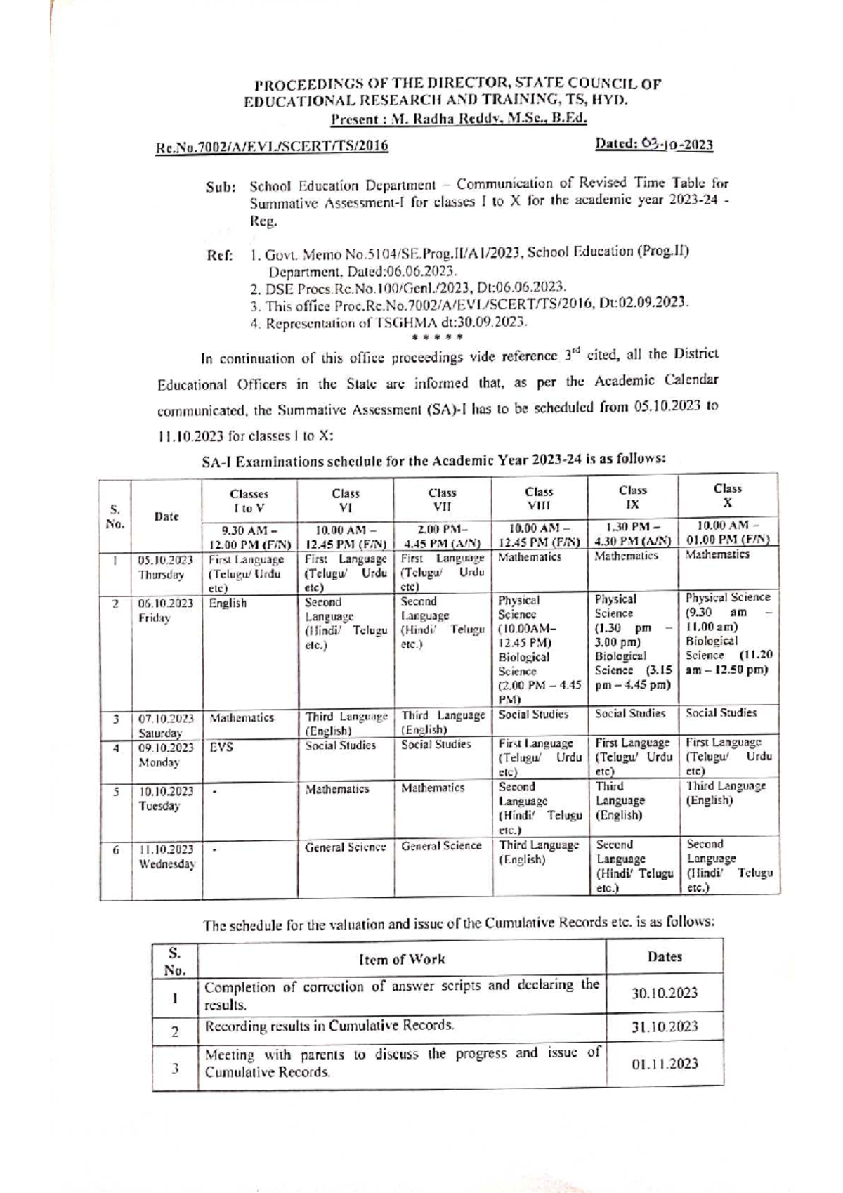 SA-1 Revised Time Table for Summative Assessments (Classes I-X) - Studocu