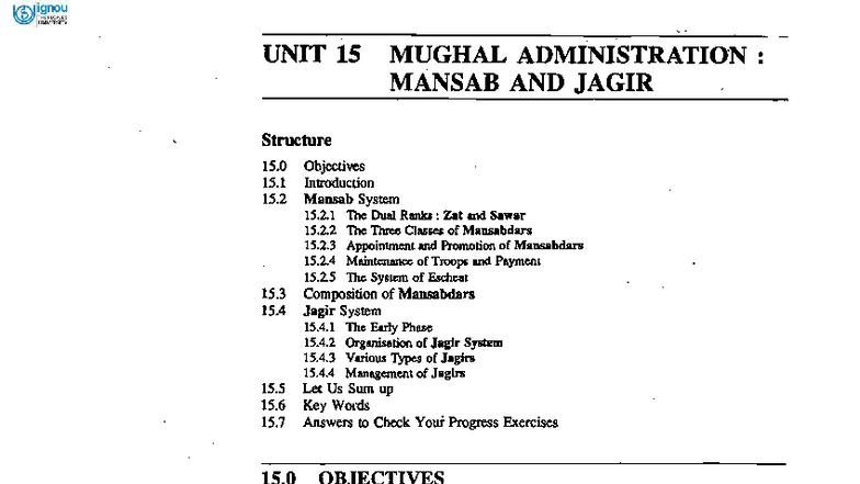 Mansab and Jagir Systems in Mughal Administration: Unit 15 Overview ...