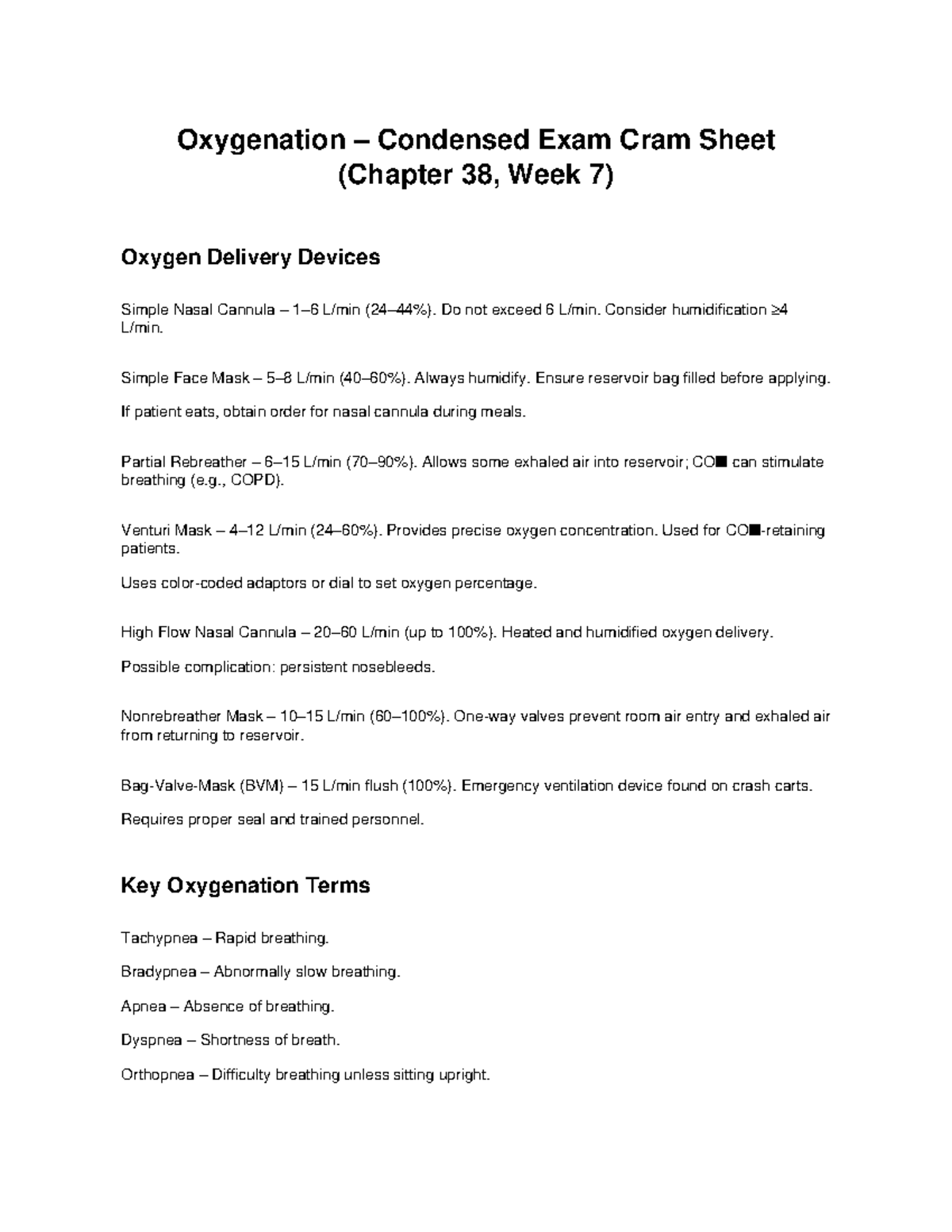 Oxygenation Study Guide (Chapter 38, Week 7) - Key Concepts & Devices ...