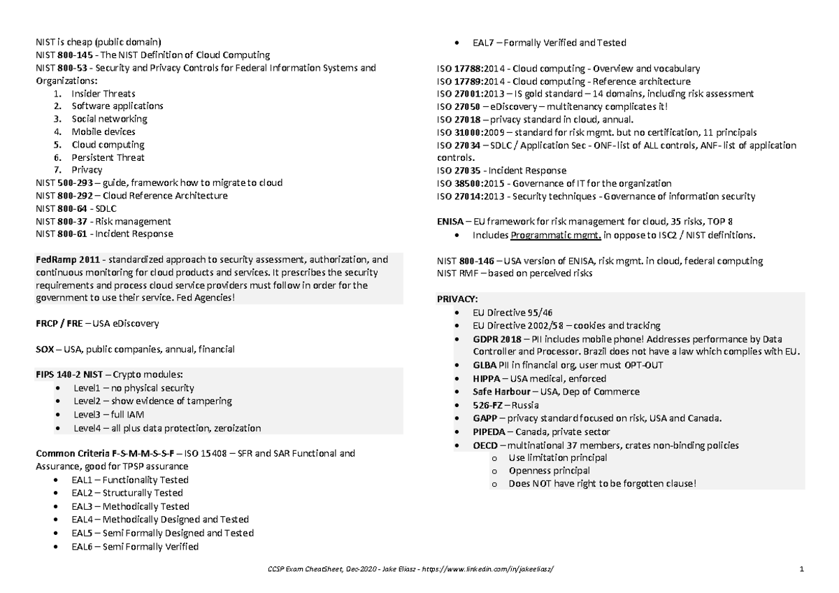 CCSP Cheat Sheet: Key NIST Standards and Cloud Security Guidelines ...