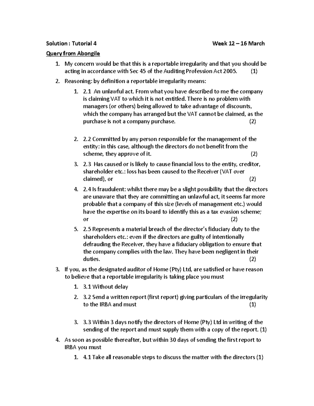 Solution: Tutorial 4 Week 12 - Reportable Irregularities & Client ...