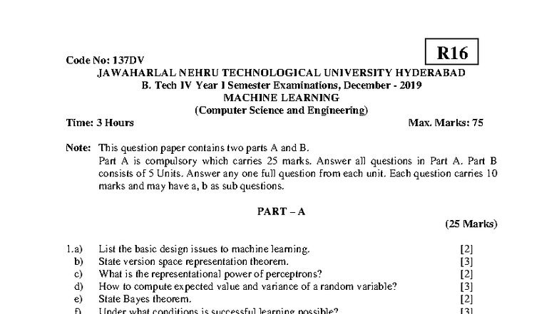 R16 137DV Machine Learning Previous Year Exam Paper - Dec 2019 - Studocu