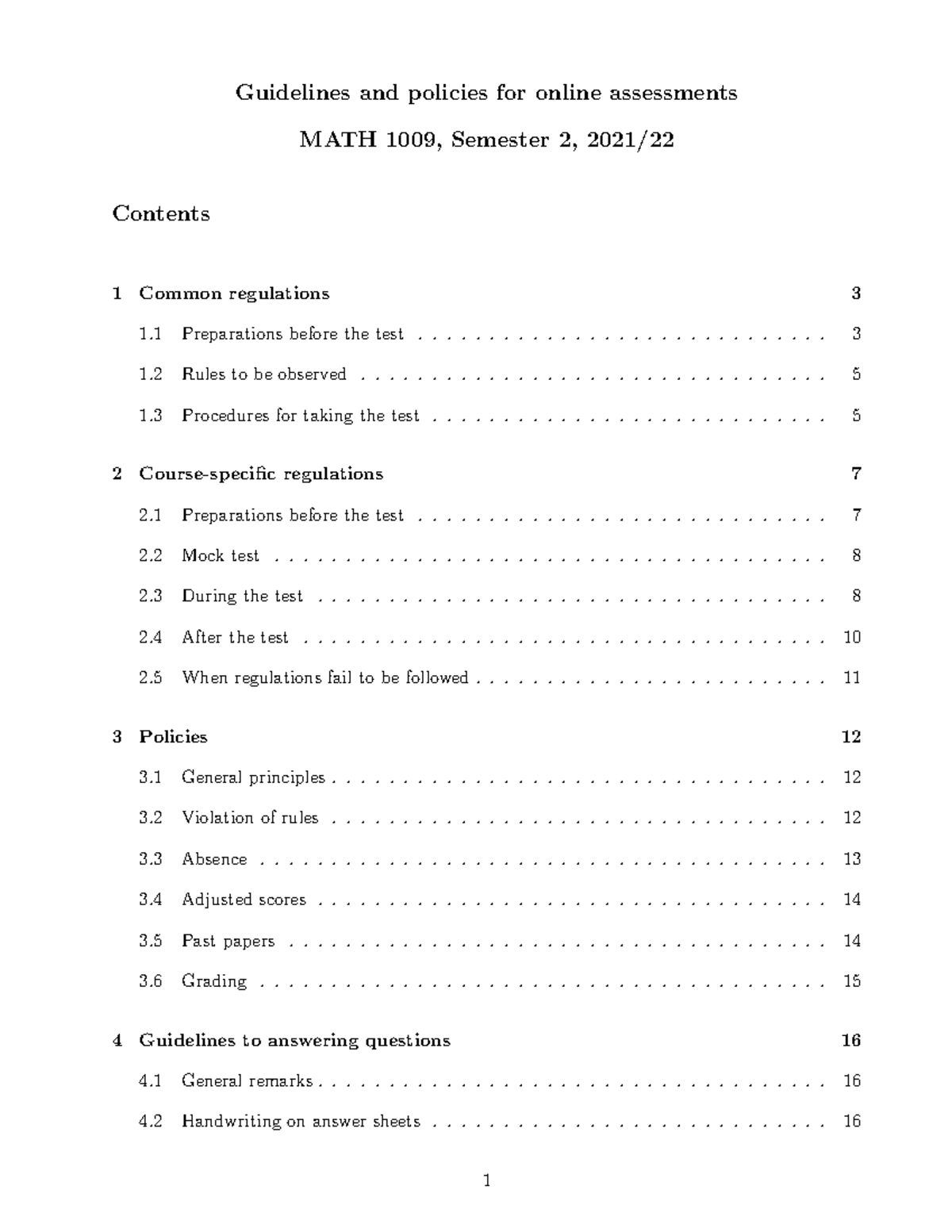 MATH 1009 - Online Assessment Guidelines and Policies Lecture Notes ...