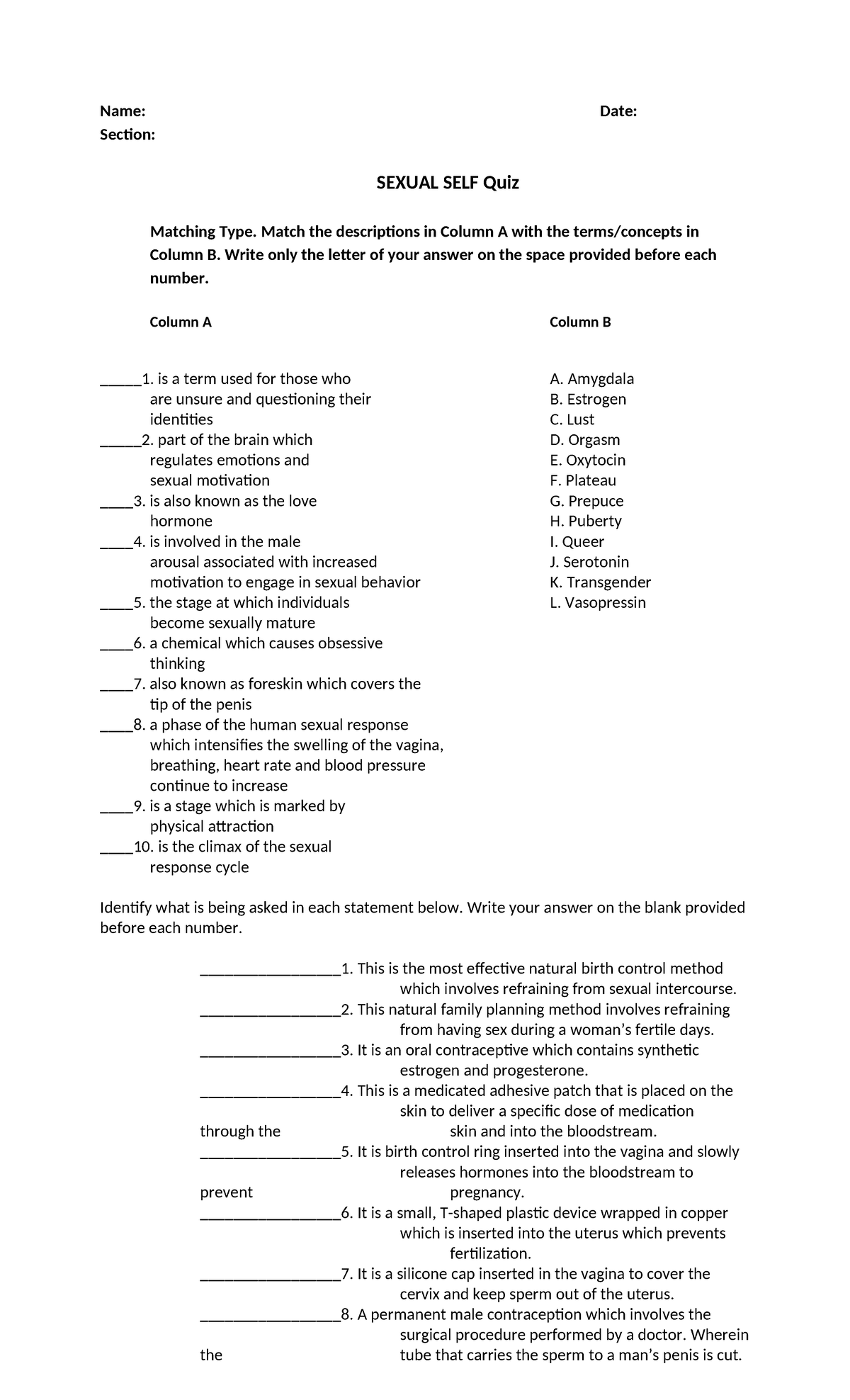 Sexual Self Quiz - UTS: Matching & Identification Questions - Studocu