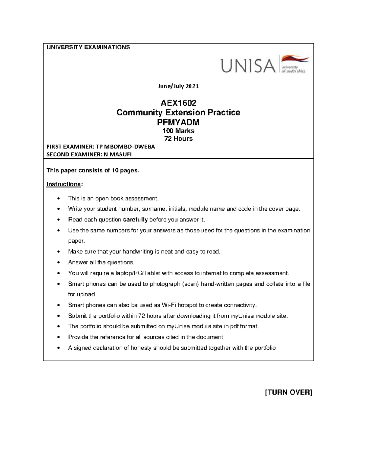 AEX1602 Community Extension Practice Exam Paper Notes 2021 - Studocu