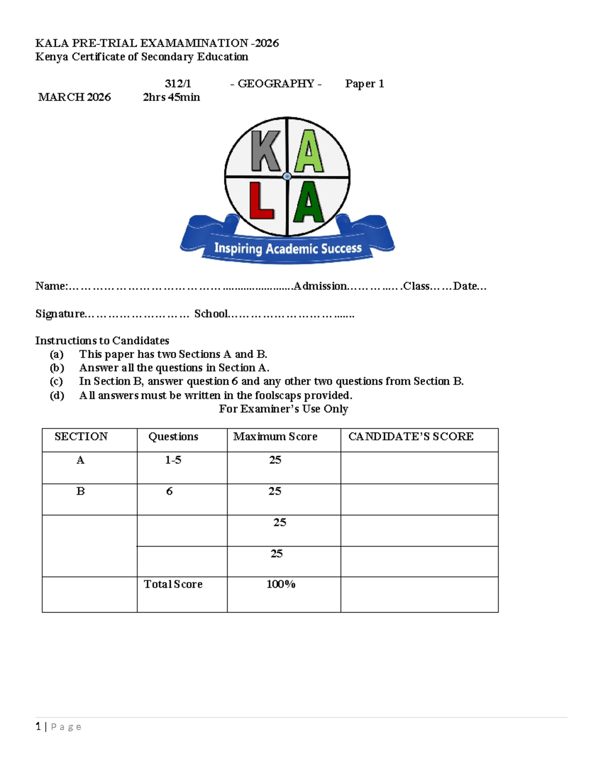 KALA 2026 Geography Paper 1 Exam Questions and Instructions - Studocu