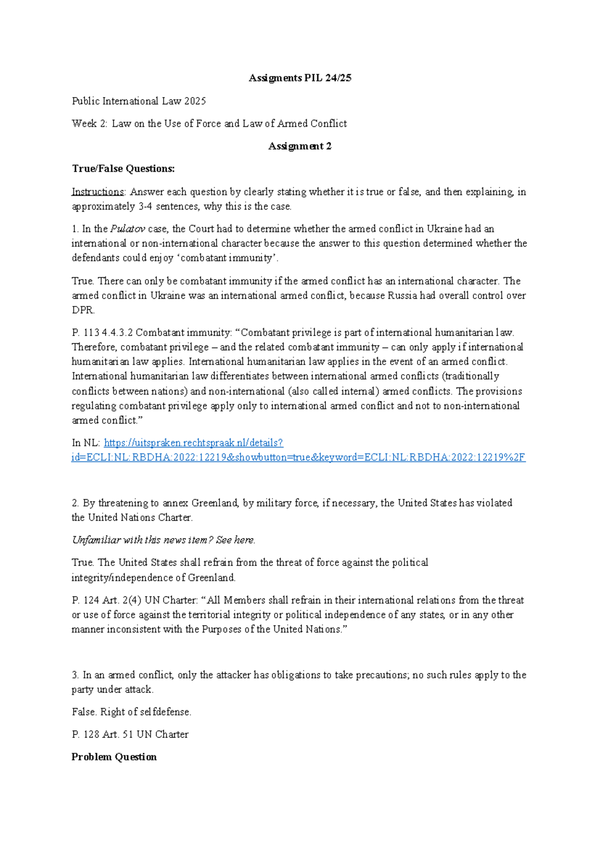 PIL 2025 Week 2: Law on Use of Force & Armed Conflict Assignment 2 ...
