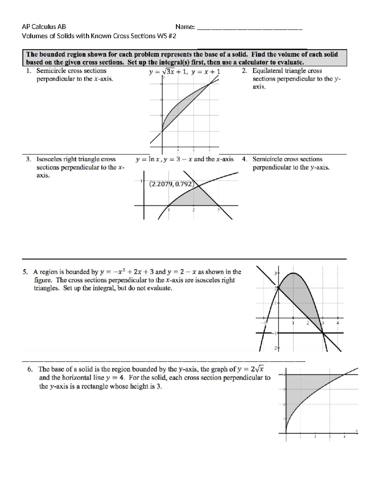 Calculus Ab Worksheet On Volume By Cross Sections Volume Of Solids