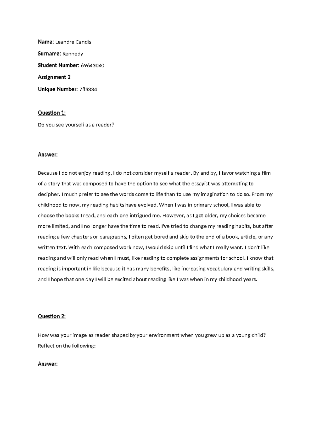CHL2601 Assignment 2 - Reflection on Childhood Reading Habits - Studocu