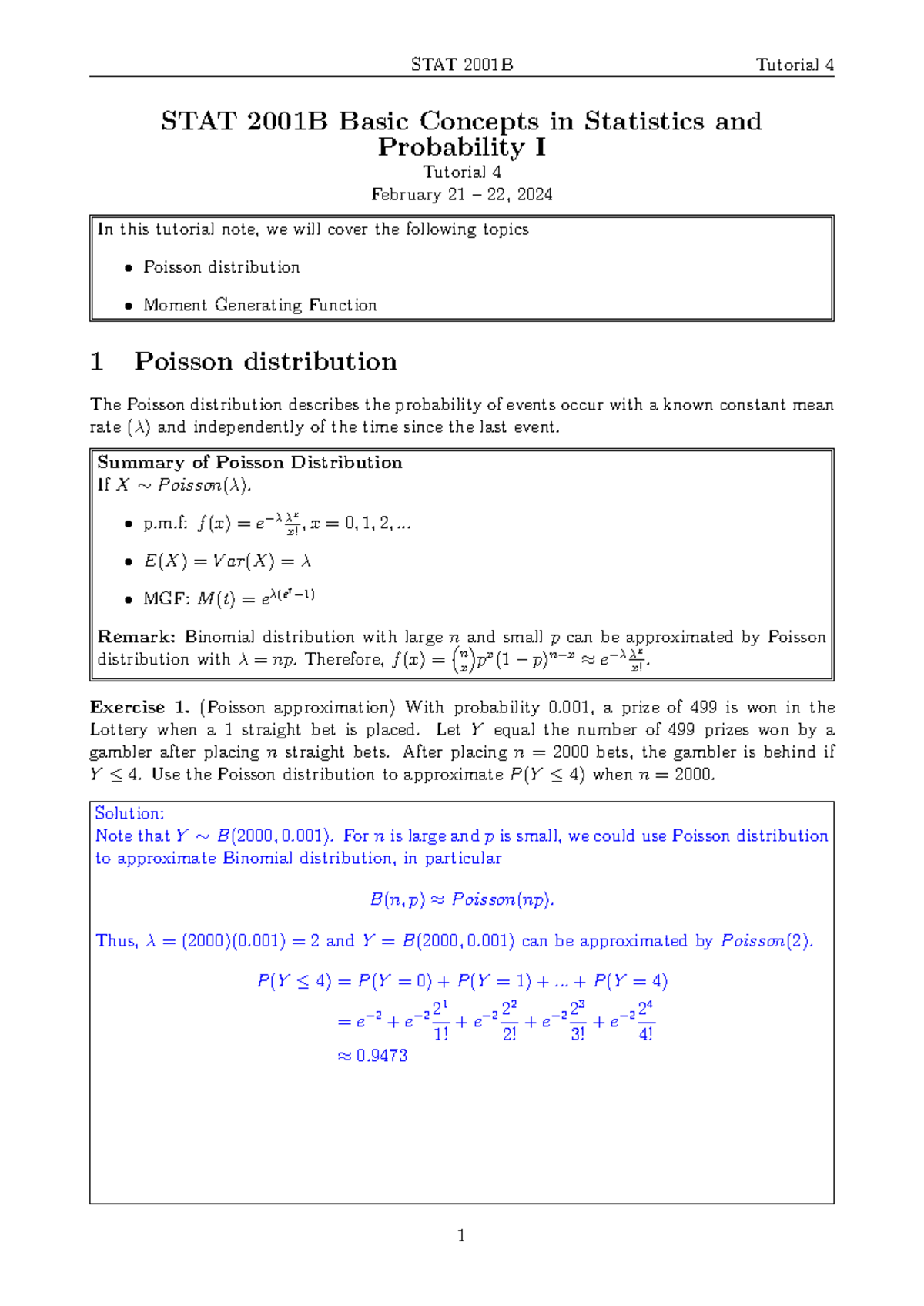 STAT 2001B Tutorial 4: Poisson Distribution & Moment Generating ...