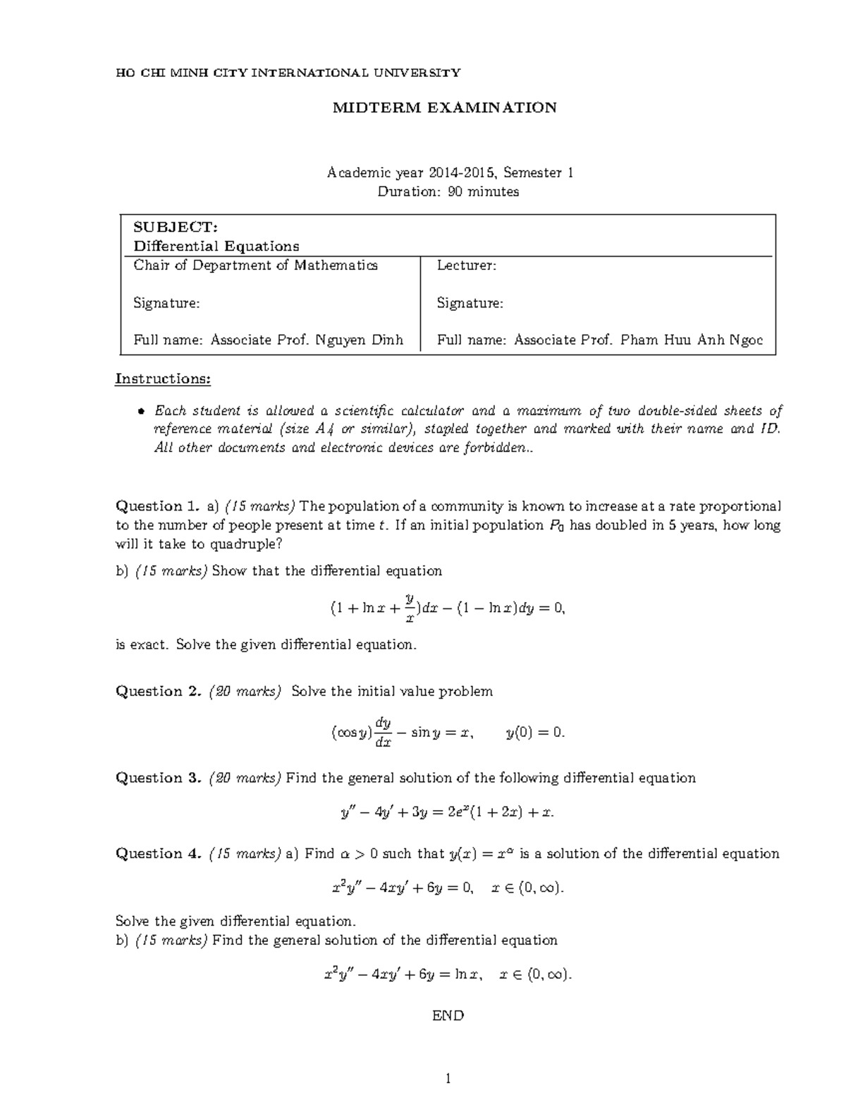 Differential Equations Midterm Exam - HCMIU 2014-2015 S1 - Studocu