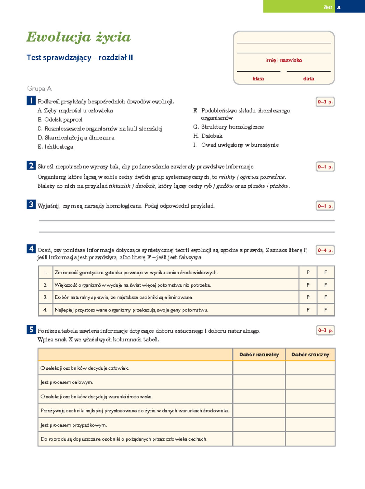 [Test 2] Ewolucja życia - Test A Ewolucja życia Test sprawdzający