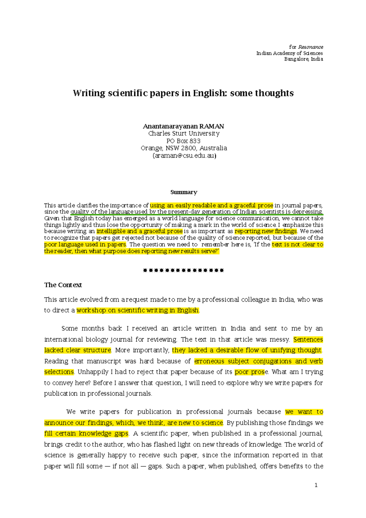 Raman Writing scientific Sample Article Sample - for Resonance Indian ...
