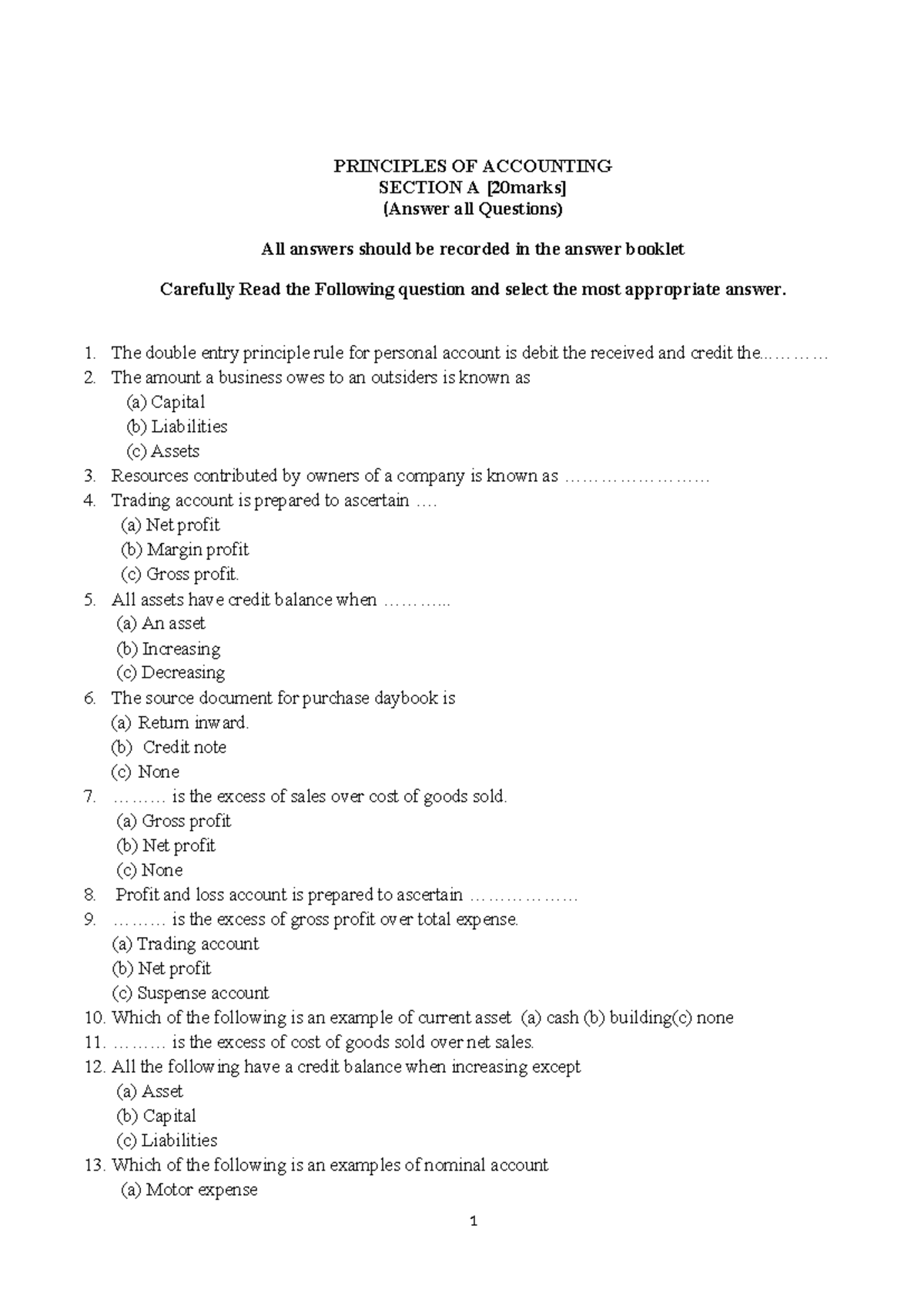 Principles of Accounting 1: Section A & B Exam Questions and Answers ...