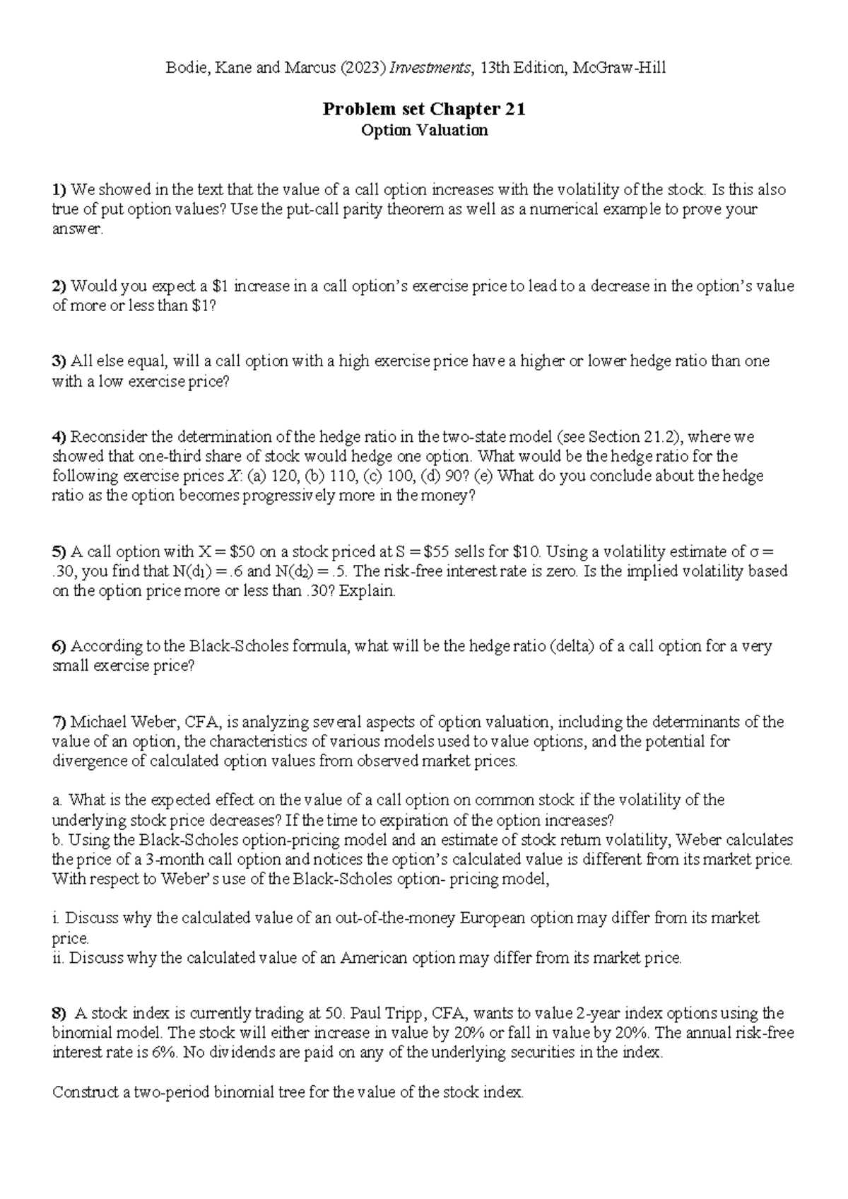 Problem Set Ch 21: Option Valuation Insights and Analysis - Studocu