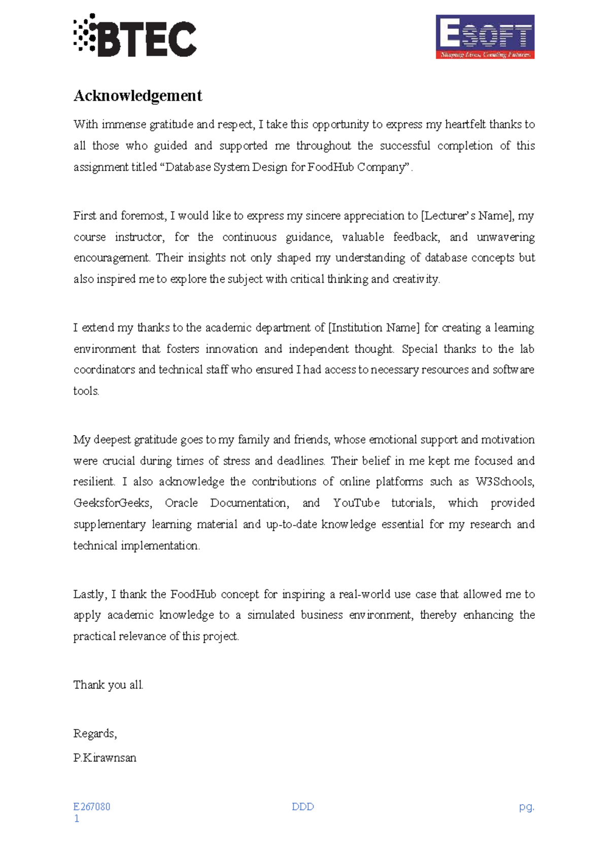 Acknowledgement and System Design for FoodHub (E267080) - Studocu