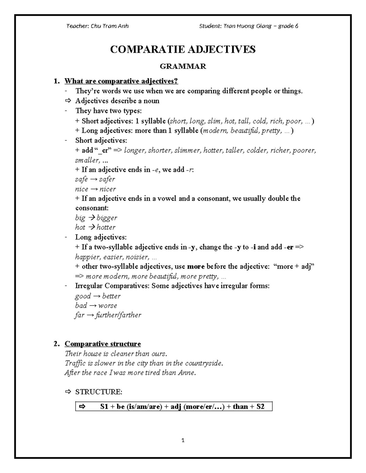Comparative Adjectives - Grade 6 Grammar Notes - Studocu