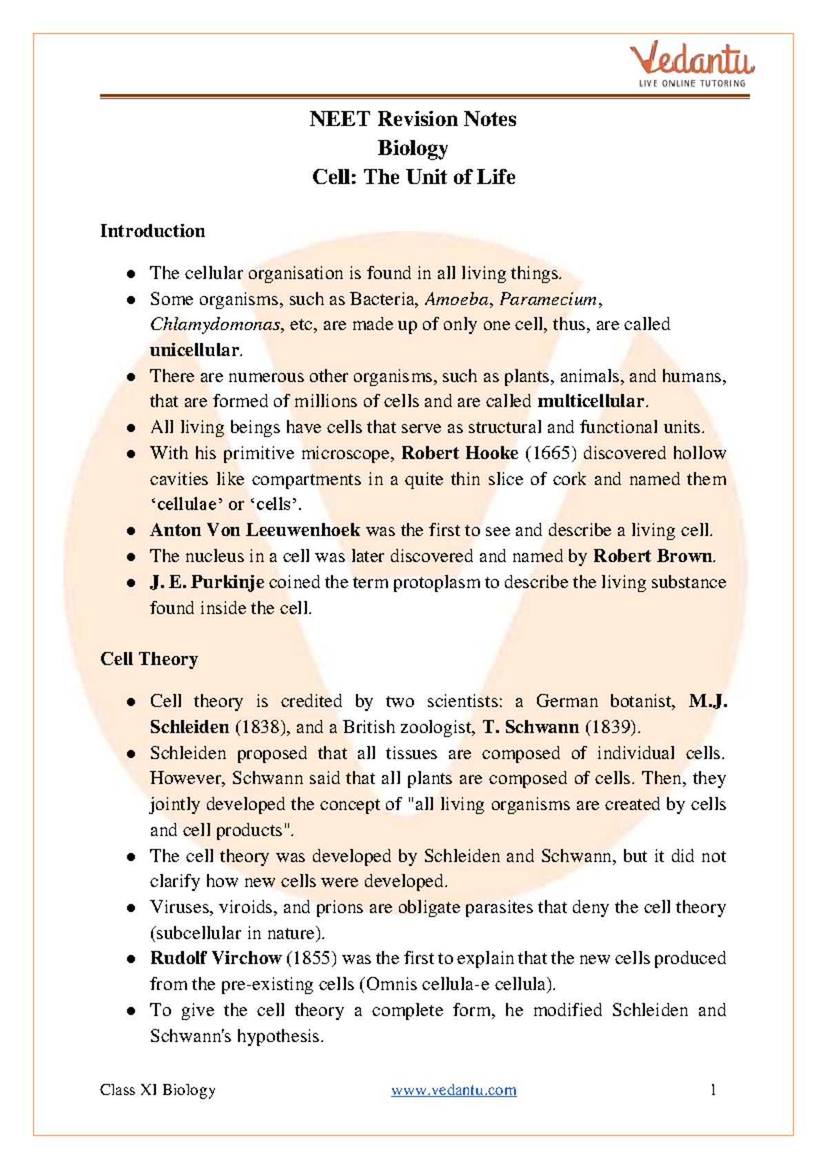 NEET Class XI Biology Revision Notes: Cell - The Unit of Life - Studocu