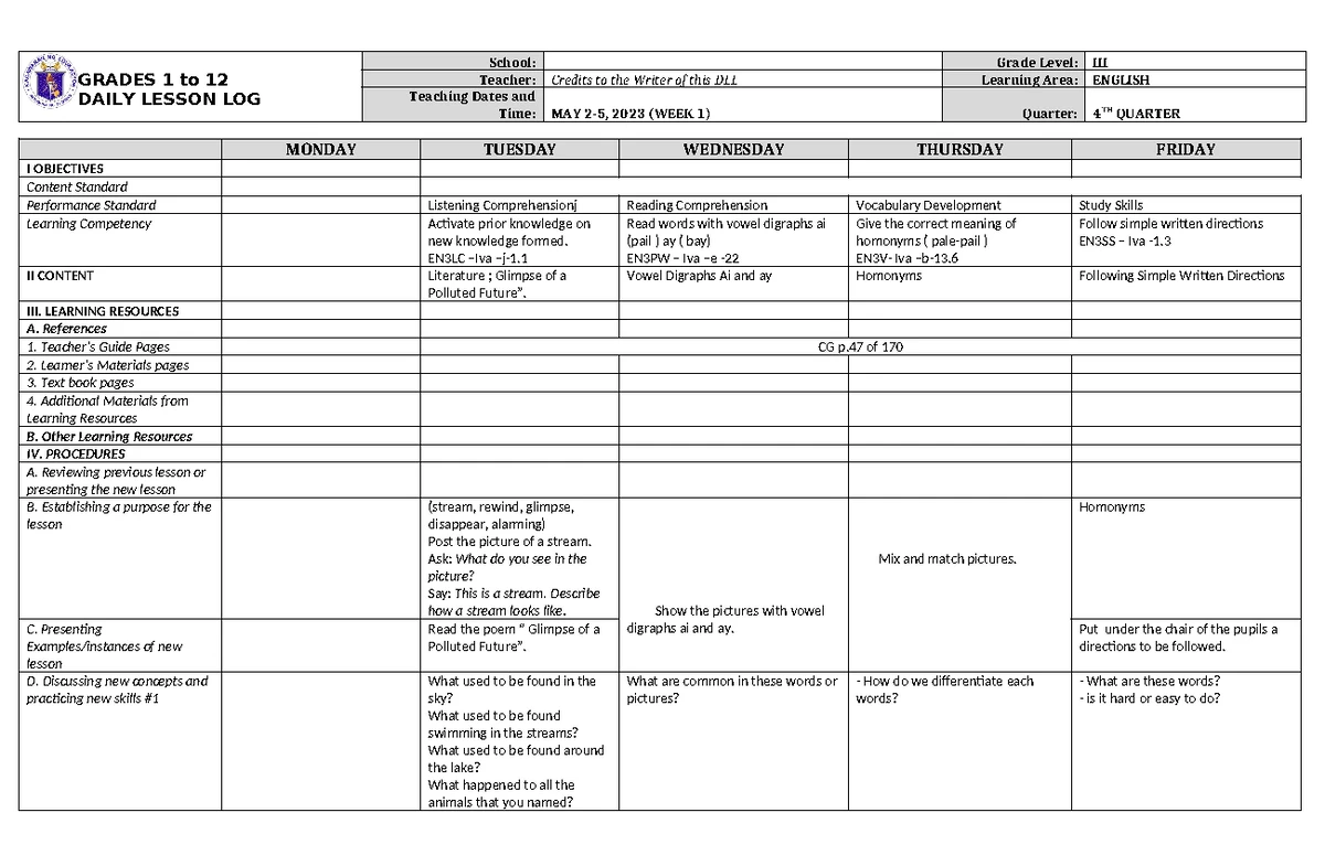 DLL Filipino 3 Q4 W1 - Daily Lesson Log for SY 2021-2022 - Studocu