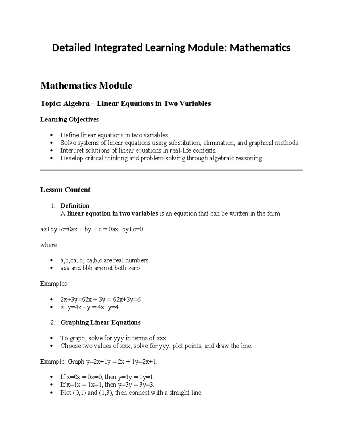 Mathematics Module: Algebra - Linear Equations in Two Variables - Studocu