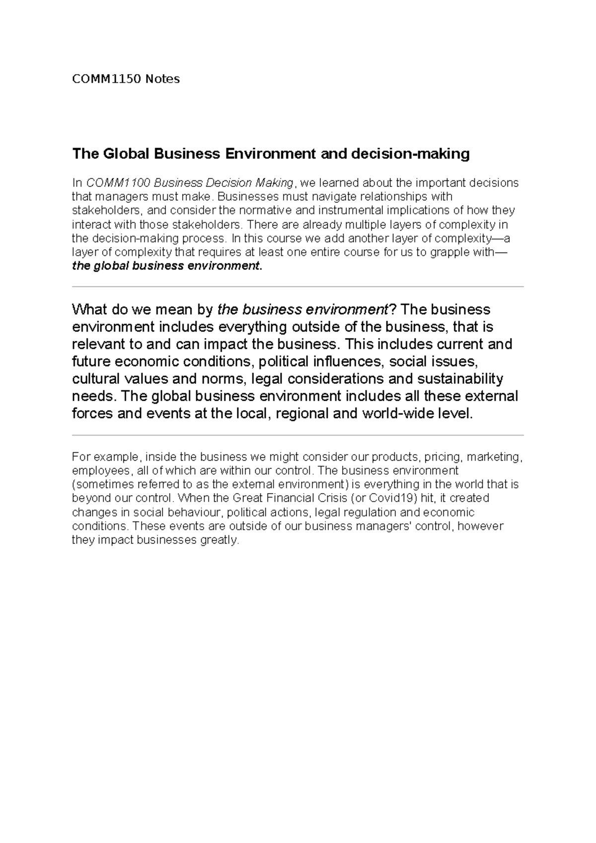COMM1150 Final Exam Notes: Understanding the Global Business ...