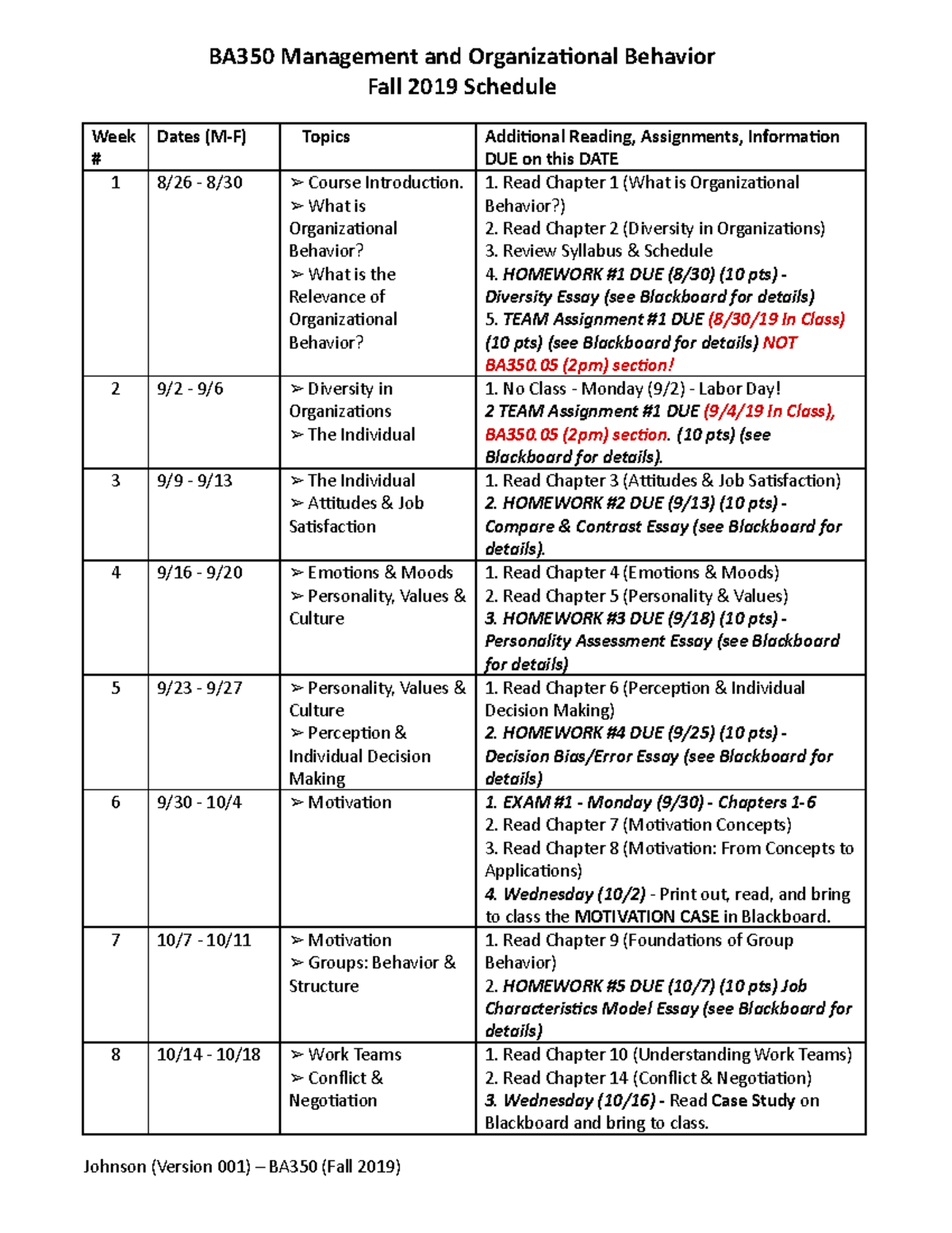 BA350 - Management & Org Behavior Fall 2019 Class Schedule - Studocu