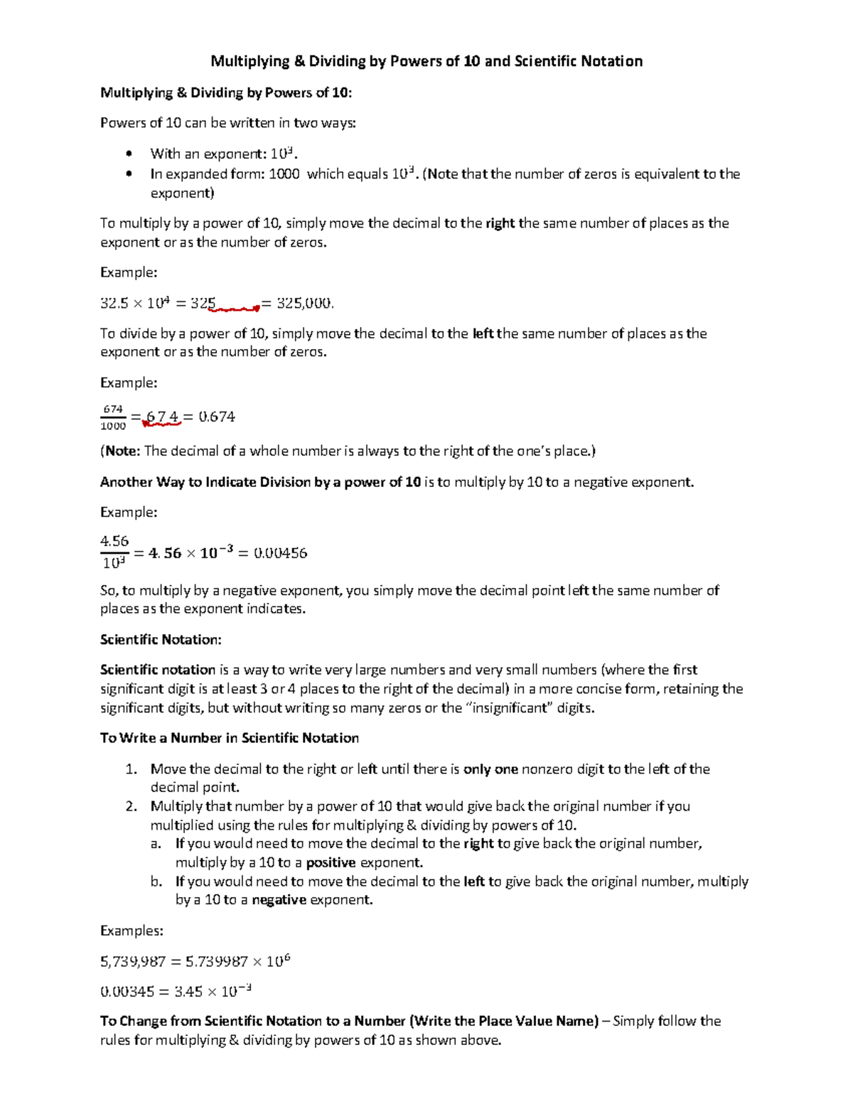 Multiplying and Dividing by Powers of 10 and Scientific Notation ...