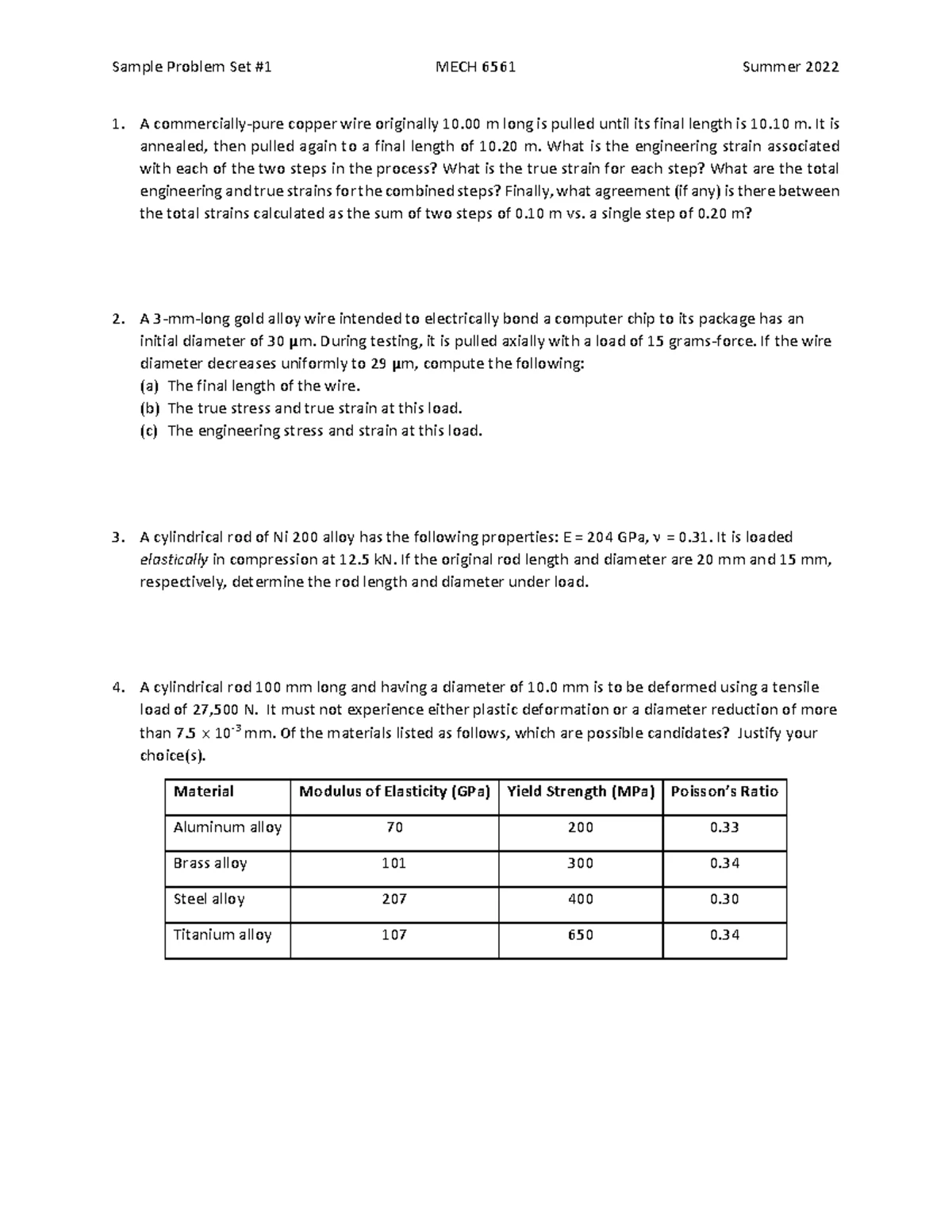 Sample Problem Set MECH 6561: Fracture Strength & Creep Analysis - Studocu