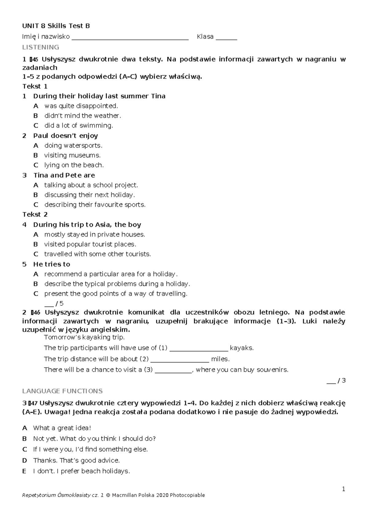 Unit 8 Skills Test B - Listening & Reading Practice for English - Studocu