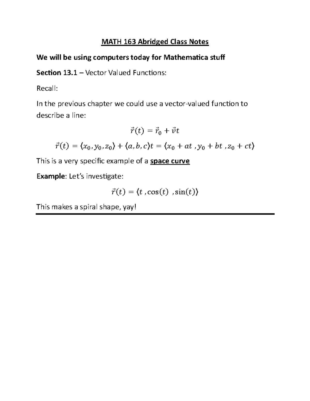 MATH 163 Final Exam Abridged Notes on Vector-Valued Functions - Studocu