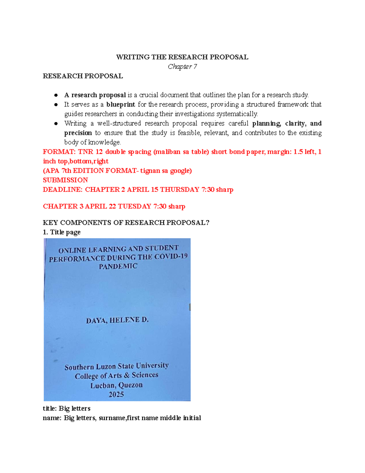 Research Proposal Writing Guide: Chapter 7 for Research 1 - Studocu
