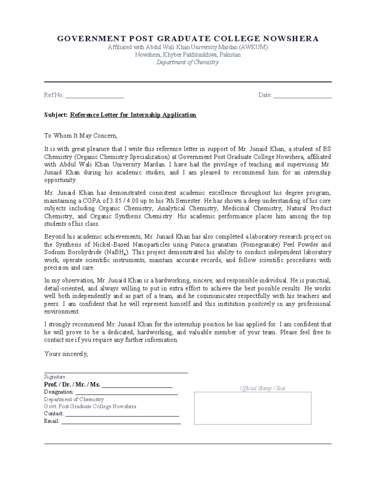 Reference Letter for Internship - Junaid Khan (BS Chemistry) - Studocu