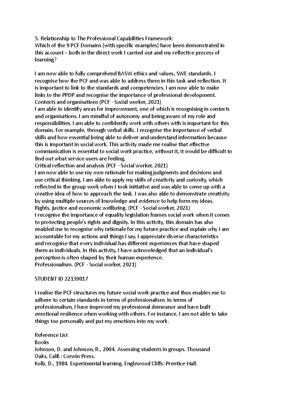 Reflective Account on PCF Domains in MSC Social Work Practice - Studocu