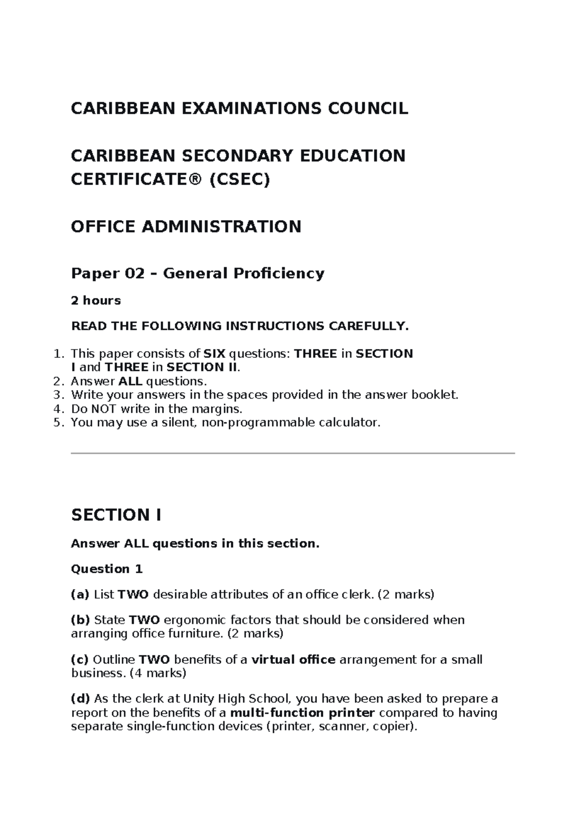 CSEC OFFICE ADMINISTRATION Paper 02 Exam Questions & Answers - Studocu