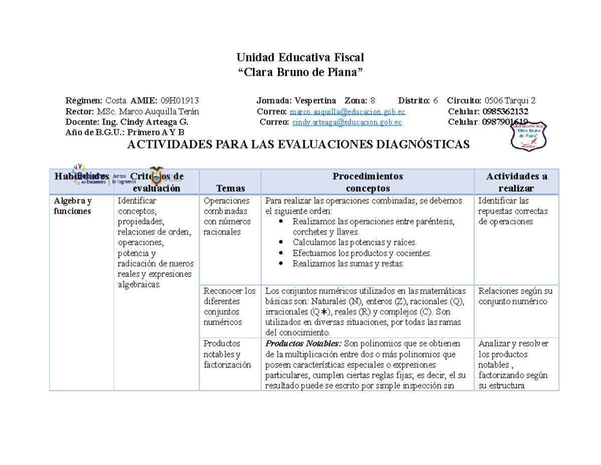 Evaluación Diagnóstica de Matemática 1BGU A-B: Actividades y Criterios - Document Preview