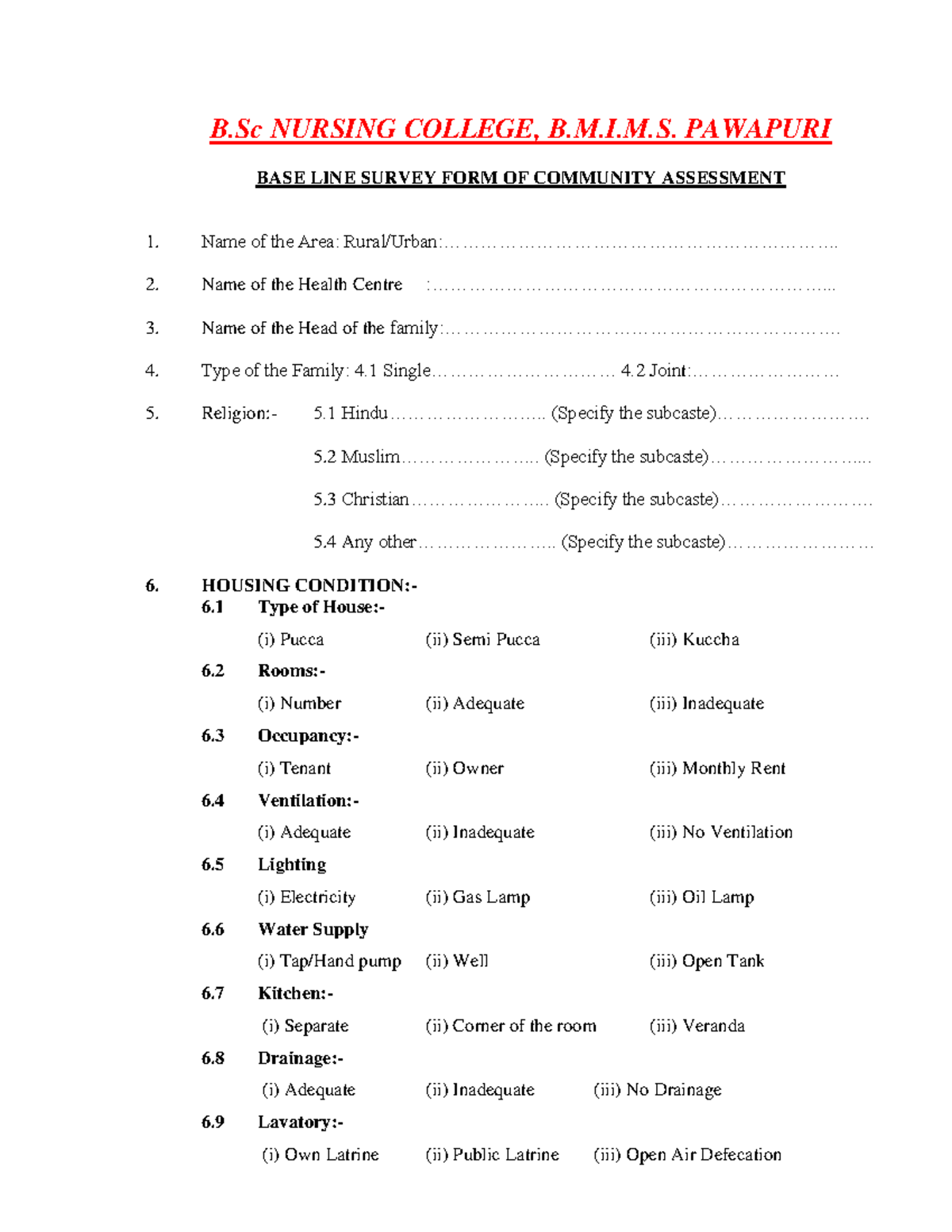 Community Assessment Baseline Survey Form for B.Sc Nursing AKU - Studocu
