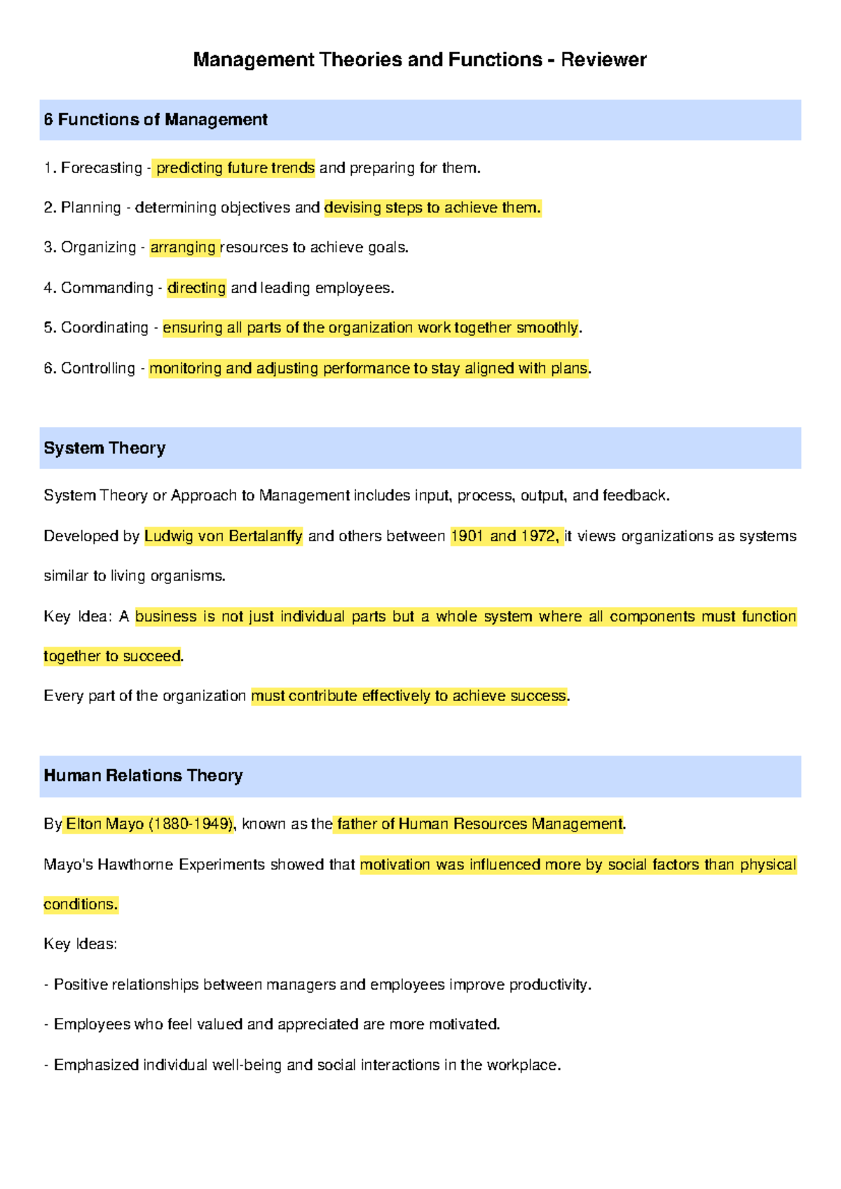 Management Theories & Functions Reviewer: 6 Key Management Functions ...