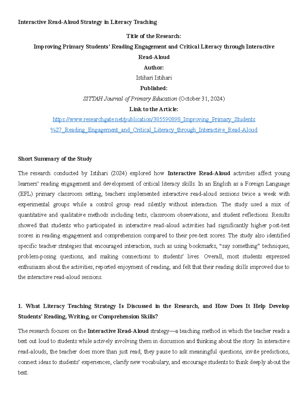 Interactive Literacy Strategies for Primary EFL Engagement (ENG 101 ...