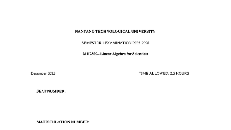 MH2802 Linear Algebra for Scientists Exam Practice - Dec 2025 - Studocu