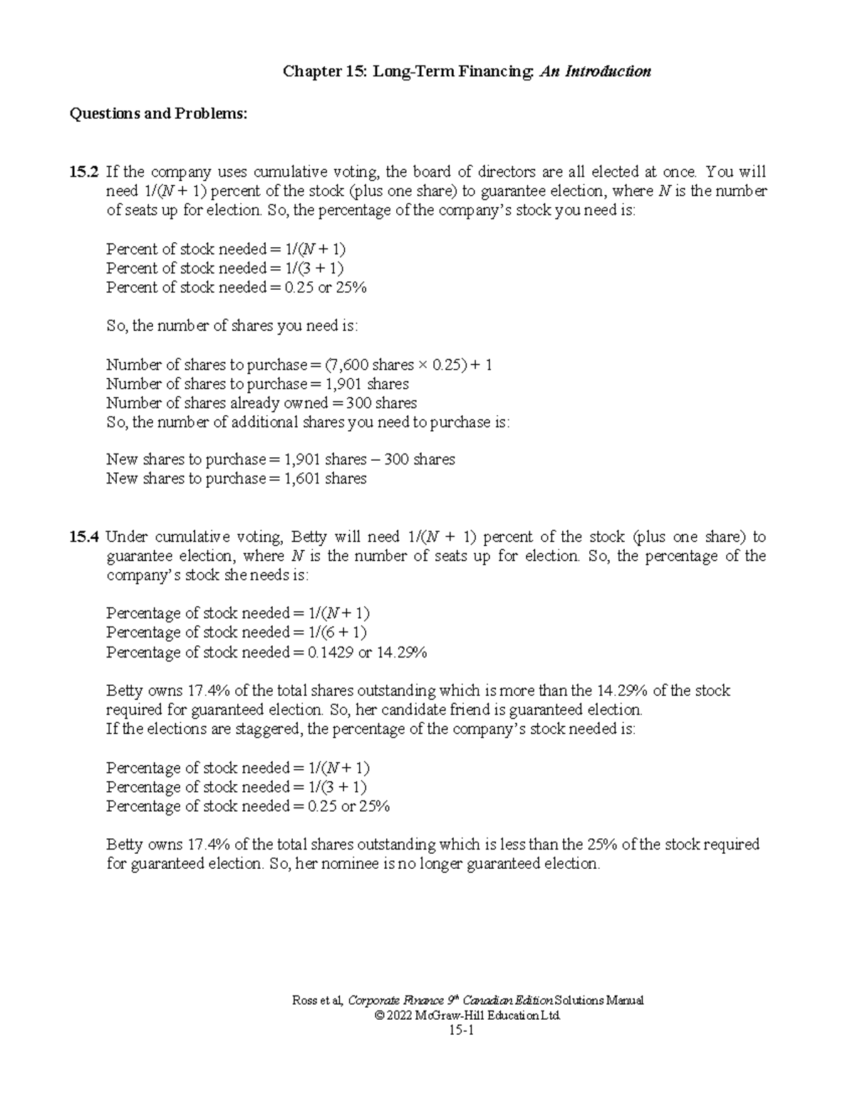 Ross CF 9ce SM Ch15 - Long-Term Financing Concepts & Problems - Studocu