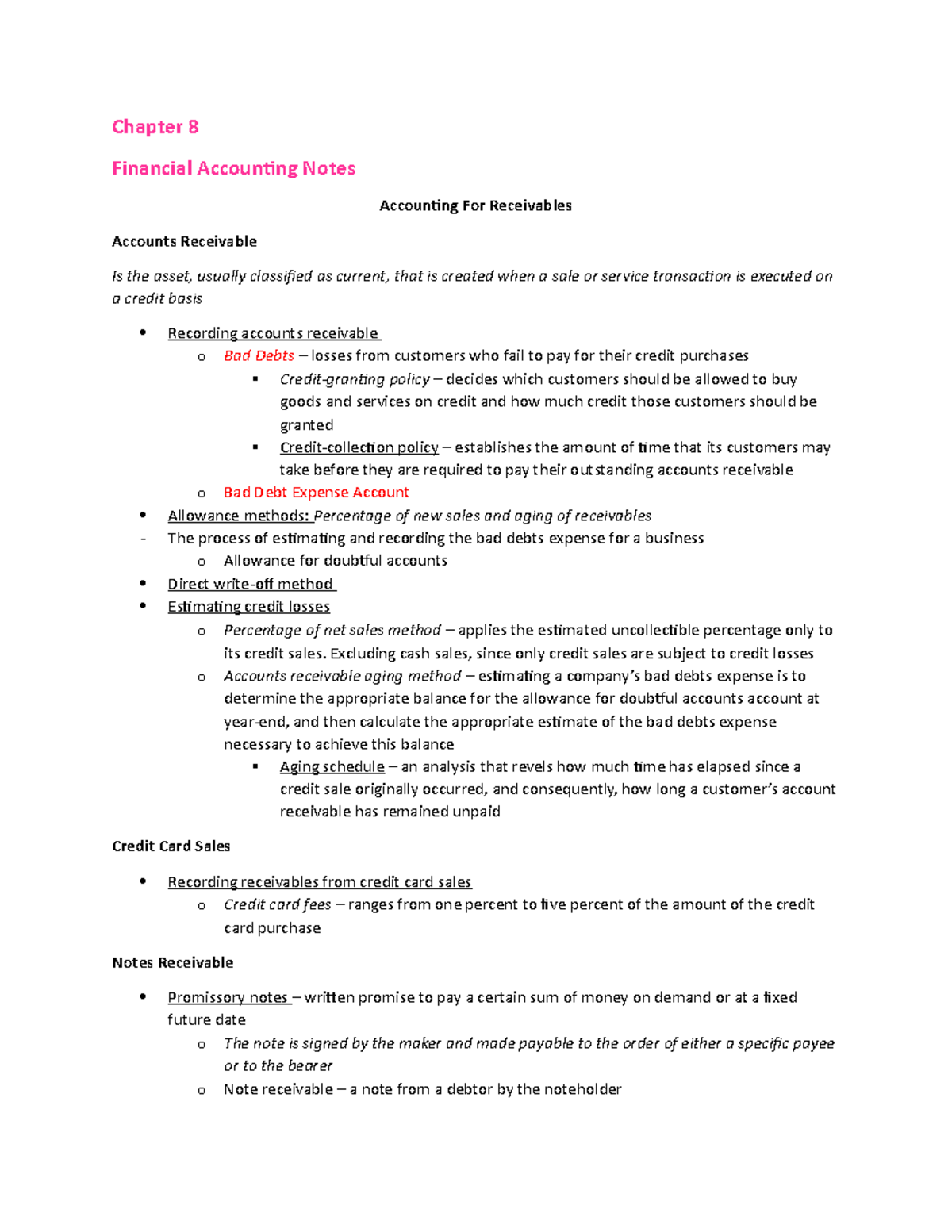 Chapter 8 - Financial Accounting Notes: Accounting for Receivables ...