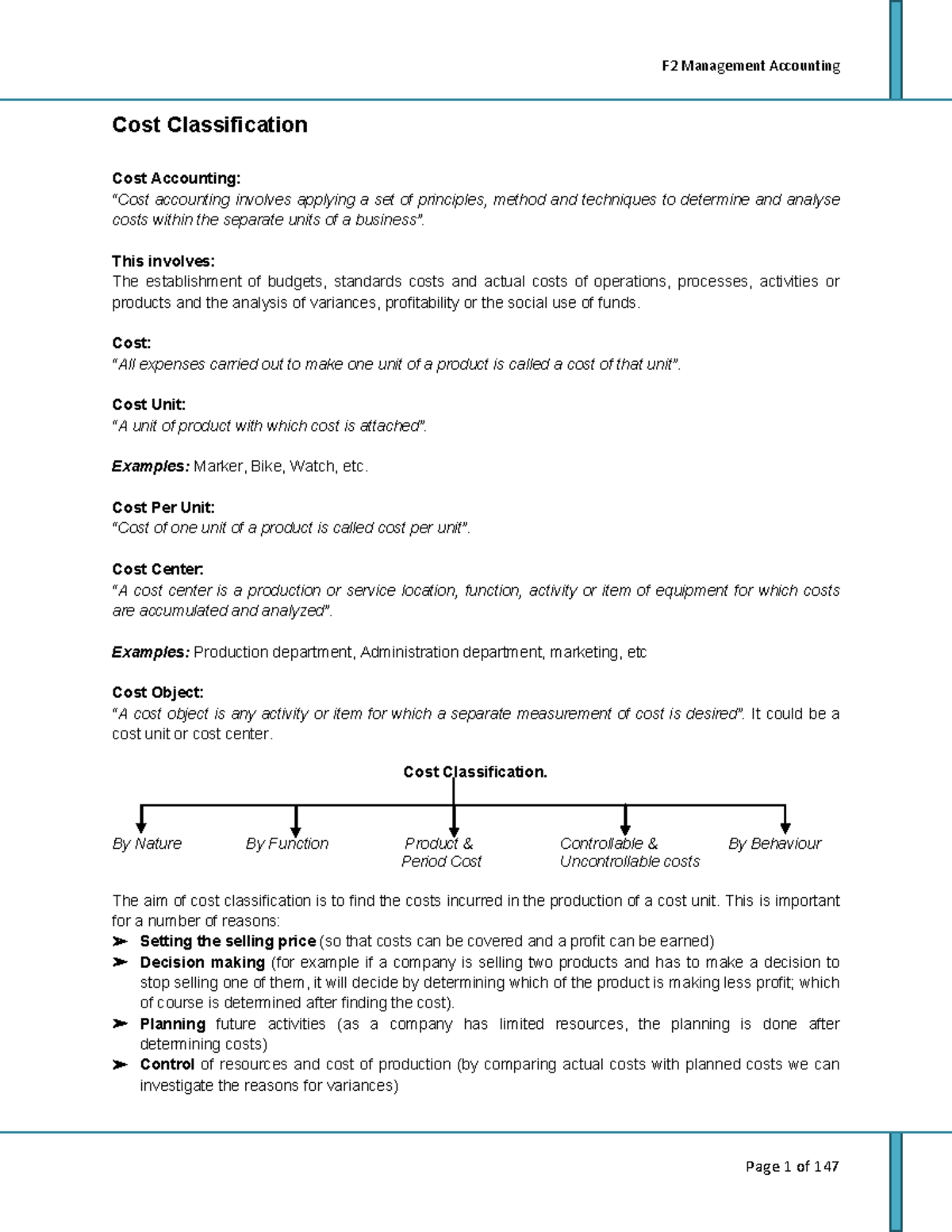 ACCA MF Cost - Notes - Cost Classification Cost Accounting: “Cost ...