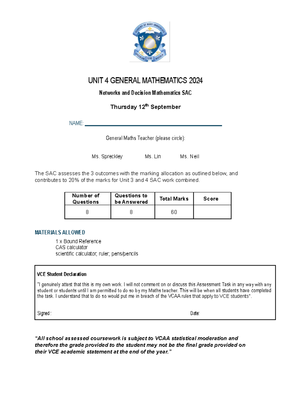 12GM Networks and Decision Mathematics SAC 2024 Final Exam - Studocu