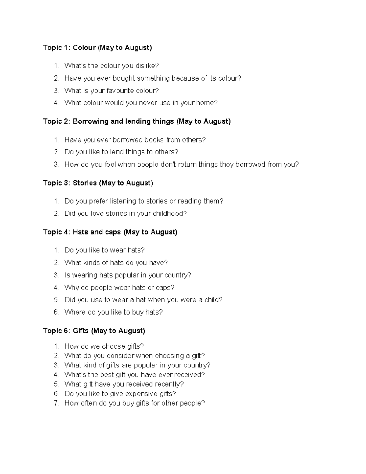 Speaking Quý 2.2025: Updated Topics and Questions (May to August) - Studocu